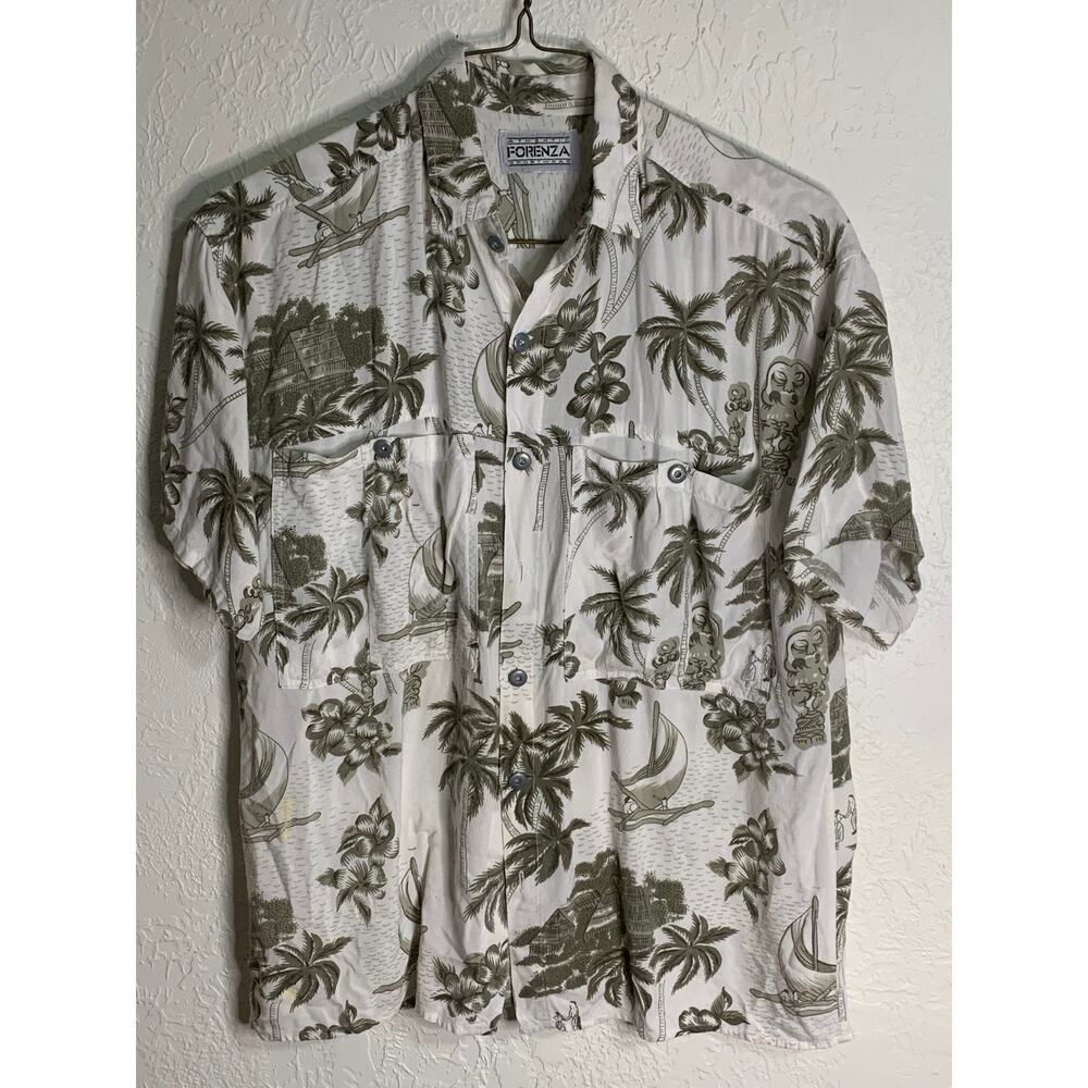 Forenza sportswear Men’s tiki vintage button down muted Hawaiian shirt